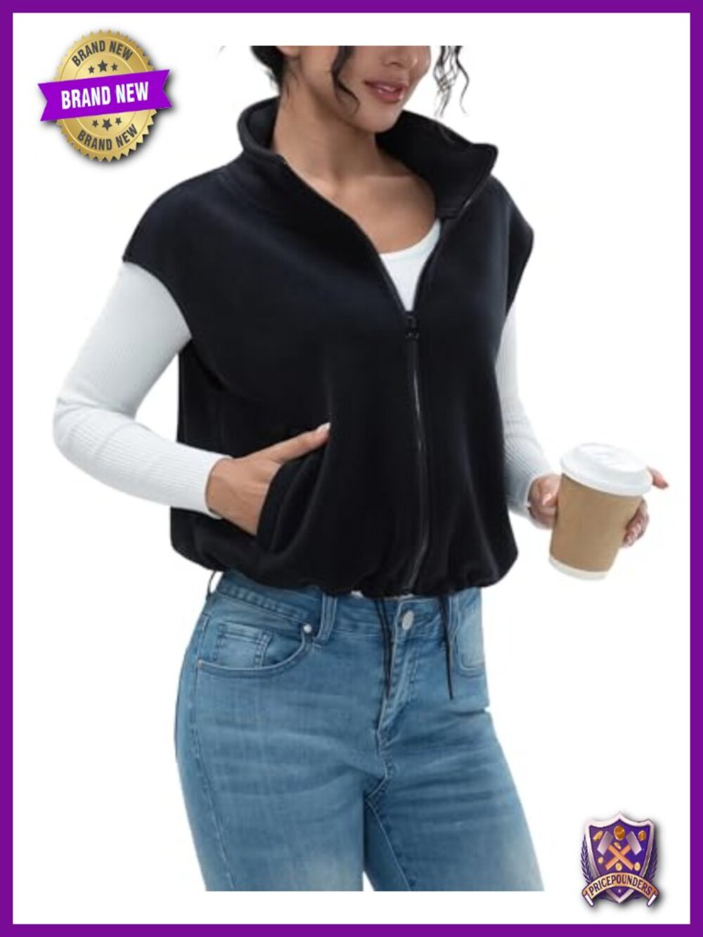Women's Full Zip Fleece Vest Warm Winter Sleeveless Stand Collar Sherpa Crop